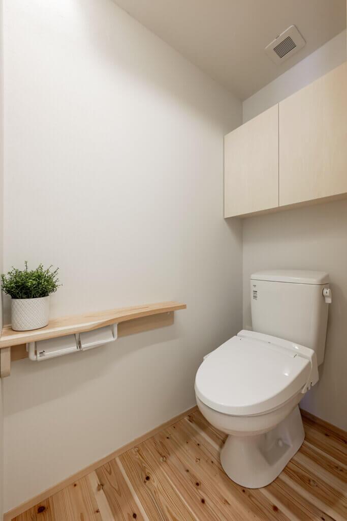 Minimalist bathroom with a white toilet, light wood cabinets, and a small wooden shelf holding a potted plant.