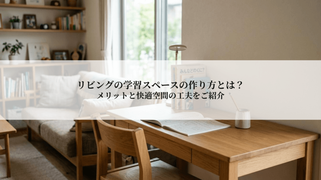 Cozy home study area with a wooden desk and chair, an open notebook, lamp, and a sofa in the background, overlaid with a Japanese headline about learning spaces with tips.