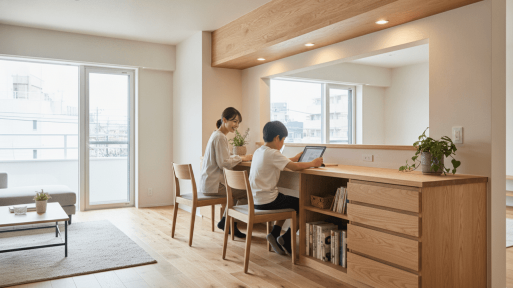 Two children sit at a wooden kitchen island, one using a tablet, in a bright, modern living space with a sofa and plants nearby.