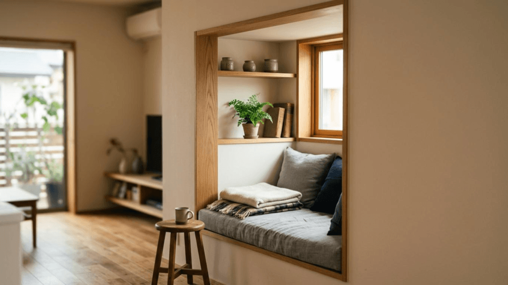 Cozy built-in window seat with gray cushions, a folded throw, and a small plant on a wooden shelf in a sunlit living space.