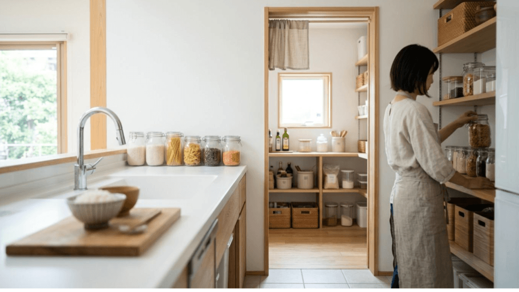 Woman in a beige apron shelves jars of pasta, grains, and legumes in a bright, organized pantry beside a kitchen counter.