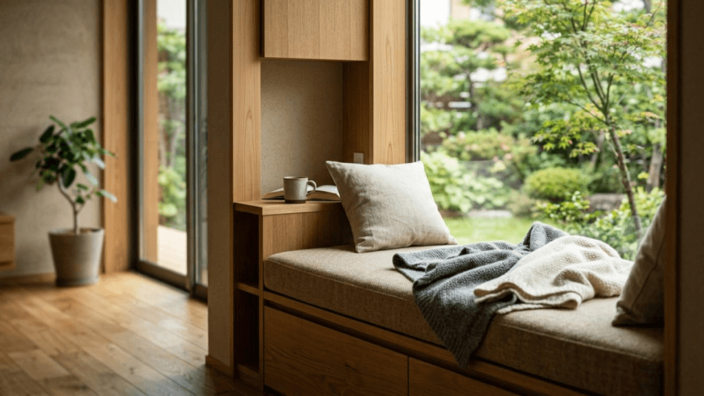 Wooden window-seat with a beige cushion and blankets, a mug on the shelf, overlooking a lush garden outside.