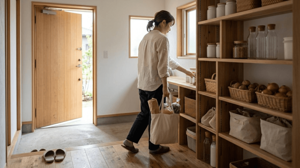 Person carrying a reusable tote bag full of groceries while standing in a wooden pantry with shelves of jars and baskets, near an open door.