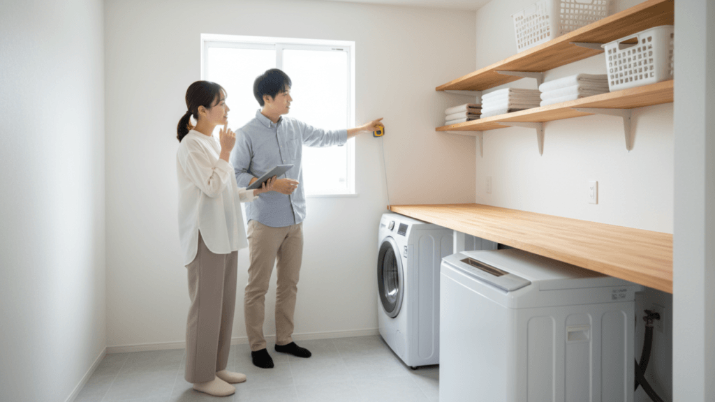 A couple inspects a laundry room: man points to a wall-mounted device while holding a tablet, near a washing machine and dryer under wooden shelves with towels and baskets.