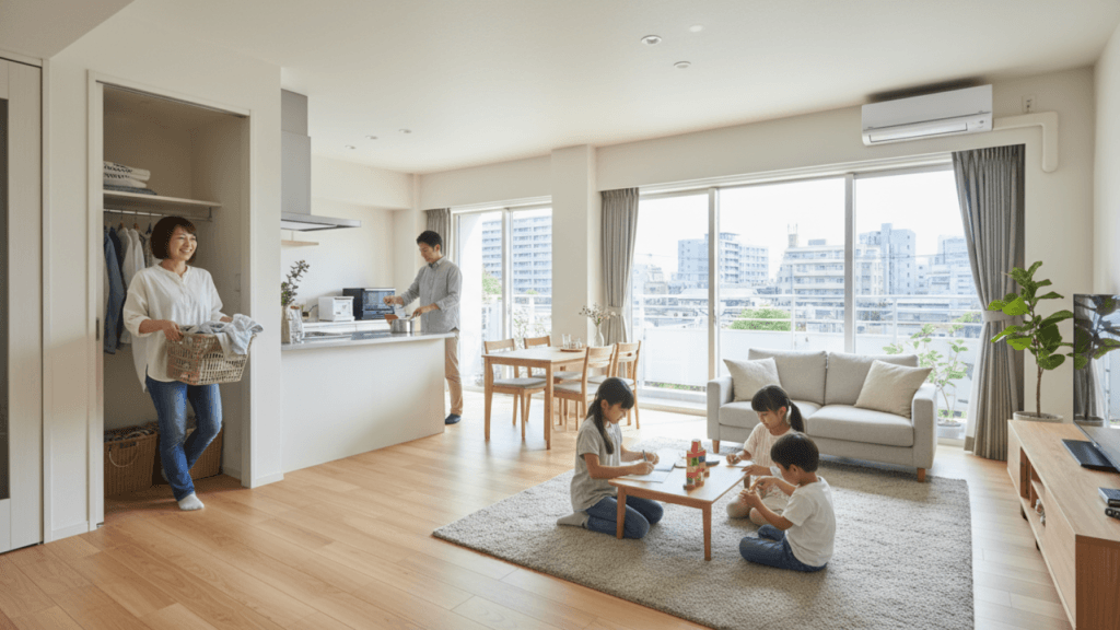 Bright open-plan living space with a woman by an open closet, a man cooking at the kitchen island, and three kids at a low table on a rug nearby.