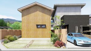 Front view of a modern house duo: a tall wooden-clad building beside a darker brick structure, with a blue car in the driveway and greenery around.
